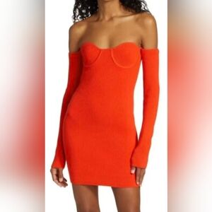 Helmut Lang Off-Shoulder Tangerine Orange Dress Size Medium Ribbed Sweater Dress